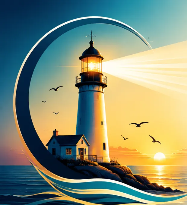 Illustration du phare de l'association, faisceau dirigé vers la mer au lever du soleil